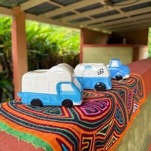 Set of 3 Ceramic RV Camper Planters Blue‎ White Vintage Style
